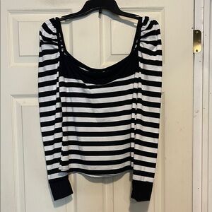 CBR Black and White Striped Square Neck Puff Sleeve Top Size Large